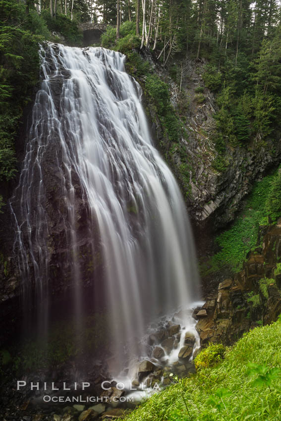 Narada Falls cascades down a cliff, with the flow blurred by a time exposure. Narada Falls is a 188 foot (57m) waterfall in Mount Rainier National Park. Washington, USA, natural history stock photograph, photo id 28720