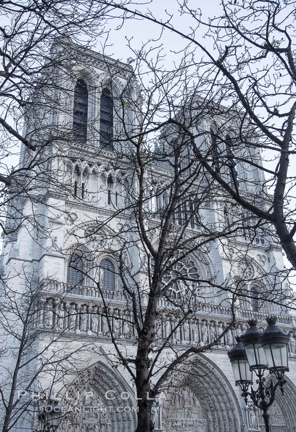 Notre Dame Cathedral, trees and streetlamp, west facade, Paris. Notre Dame de Paris ("Our Lady of Paris"), also known as Notre Dame Cathedral or simply Notre Dame, is a historic Roman Catholic Marian cathedral on the eastern half of the Ile de la Cite in the fourth arrondissement of Paris, France. Widely considered one of the finest examples of French Gothic architecture and among the largest and most well-known churches in the world ever built, Notre Dame is the cathedral of the Catholic Archdiocese of Paris., natural history stock photograph, photo id 28242