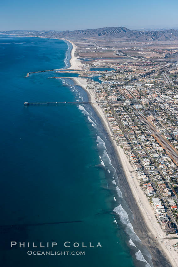 Coastal Oceanside, including Oceanside Pier and Oceanside Harbor, view toward the north showing Camp Pendleton in the distance, aerial photo. California, USA, natural history stock photograph, photo id 29074