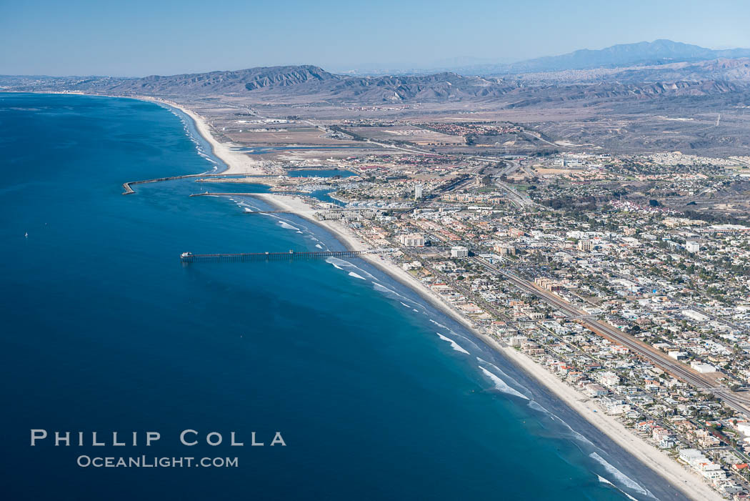 Coastal Oceanside, including Oceanside Pier and Oceanside Harbor, view toward the north showing Camp Pendleton in the distance, aerial photo. California, USA, natural history stock photograph, photo id 29073