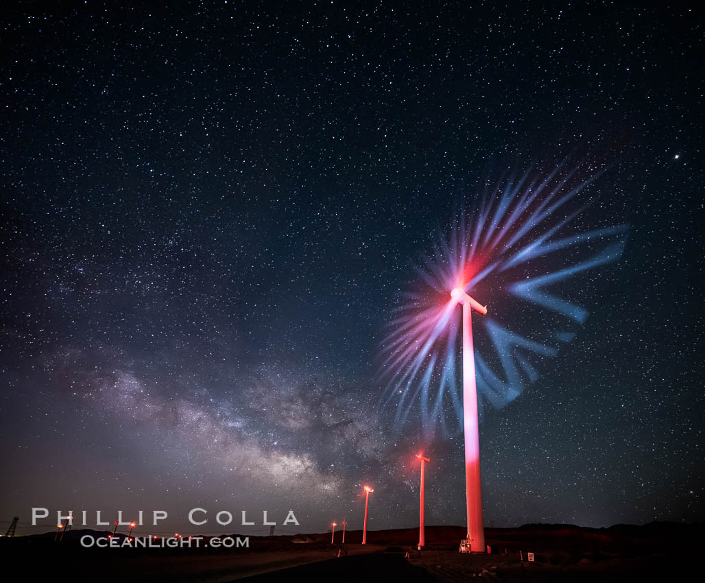 Ocotillo Wind Energy Turbines, at night with stars and the Milky Way in the sky above, the moving turbine blades illuminated by a small flashlight. California, USA, natural history stock photograph, photo id 30234