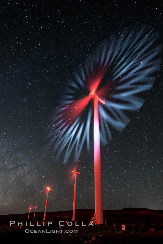 Ocotillo Wind Energy Turbines, at night with stars and the Milky Way in the sky above, the moving turbine blades illuminated by a small flashlight. California, USA, natural history stock photograph, photo id 30232