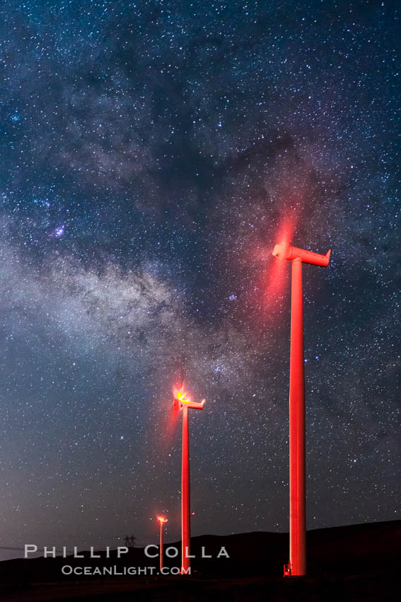 Ocotillo Wind Energy Turbines, at night with stars and the Milky Way in the sky above, the moving turbine blades illuminated by a small flashlight. California, USA, natural history stock photograph, photo id 30236