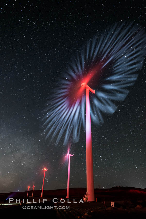 Ocotillo Wind Energy Turbines, at night with stars and the Milky Way in the sky above, the moving turbine blades illuminated by a small flashlight. California, USA, natural history stock photograph, photo id 30231