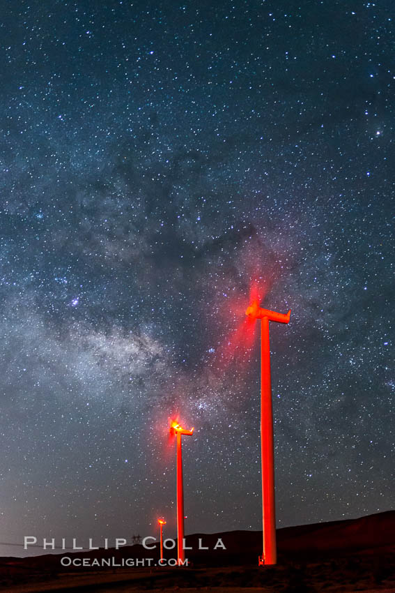 Ocotillo Wind Energy Turbines, at night with stars and the Milky Way in the sky above, the moving turbine blades illuminated by a small flashlight. California, USA, natural history stock photograph, photo id 30235