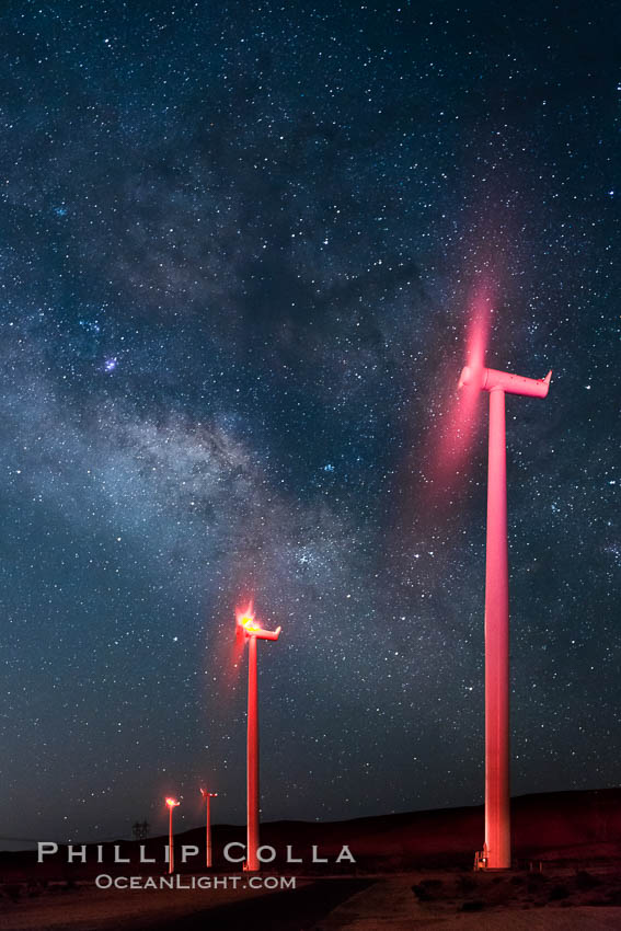 Ocotillo Wind Energy Turbines, at night with stars and the Milky Way in the sky above, the moving turbine blades illuminated by a small flashlight. California, USA, natural history stock photograph, photo id 30237