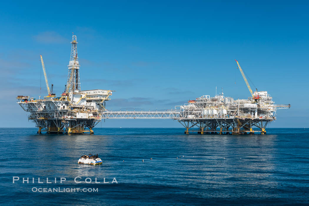 Oil platforms Ellen (left) and Elly (right) lie in 260' of seawater 8.5 miles off Long Beach, California