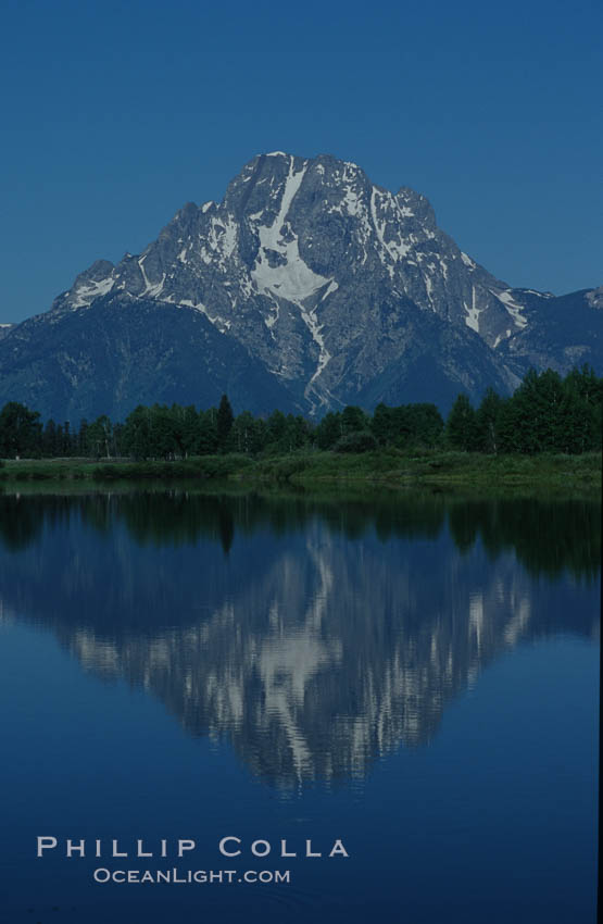 Mount Moran in the Teton Range is reflected in a sidewater of the Snake River at Oxbow Bend, summer. Grand Teton National Park, Wyoming, USA, natural history stock photograph, photo id 07450