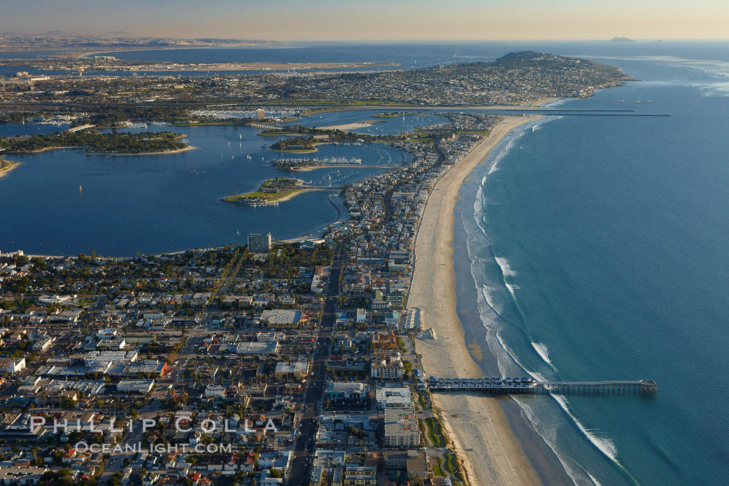 Pacific Beach, Crystal Pier and Mission Bay, looking south.  Point Loma is seen in the distance. San Diego, California, USA, natural history stock photograph, photo id 22333