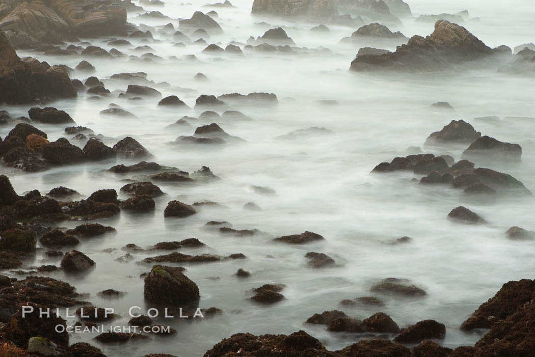 Waves breaking over rocks appear as a foggy mist in this time exposure.  Pacific Grove. Lovers Point, California, USA, natural history stock photograph, photo id 14910