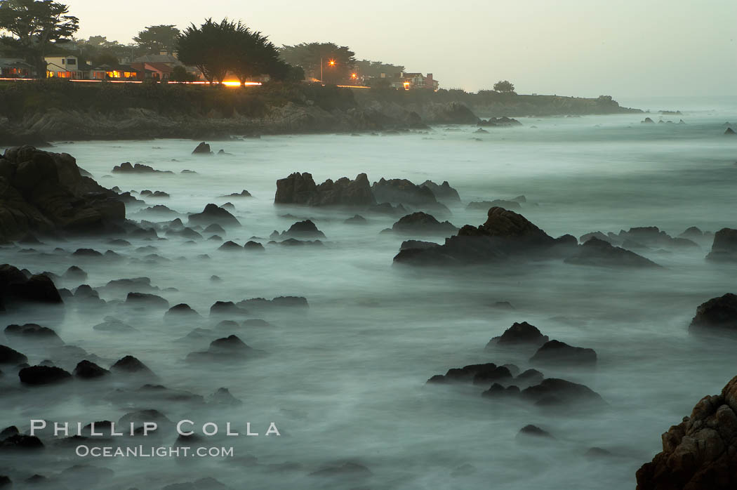 Waves breaking over rocks appear as a foggy mist in this time exposure.  Pacific Grove. Lovers Point, California, USA, natural history stock photograph, photo id 14912