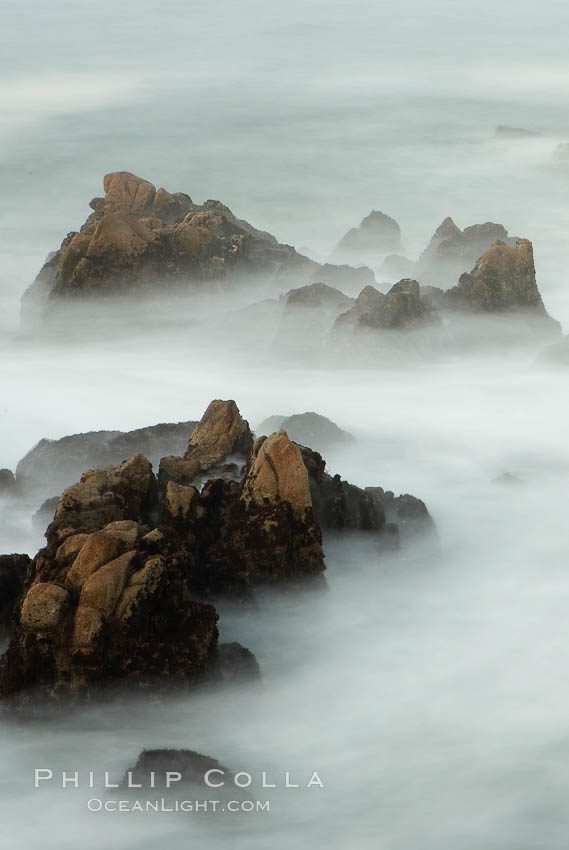 Waves breaking over rocks appear as a foggy mist in this time exposure.  Pacific Grove. Lovers Point, California, USA, natural history stock photograph, photo id 14911