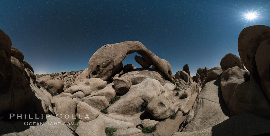 Panoramic image of Arch Rock lit by a full moon. Joshua Tree National Park, California, USA, natural history stock photograph, photo id 29193