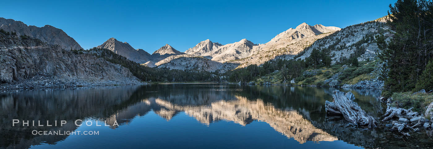 Panorama of Bear Creek Spire over Long Lake at Sunrise, Little Lakes Valley, John Muir Wilderness, Inyo National Forest, Little Lakes Valley, Inyo National Forest