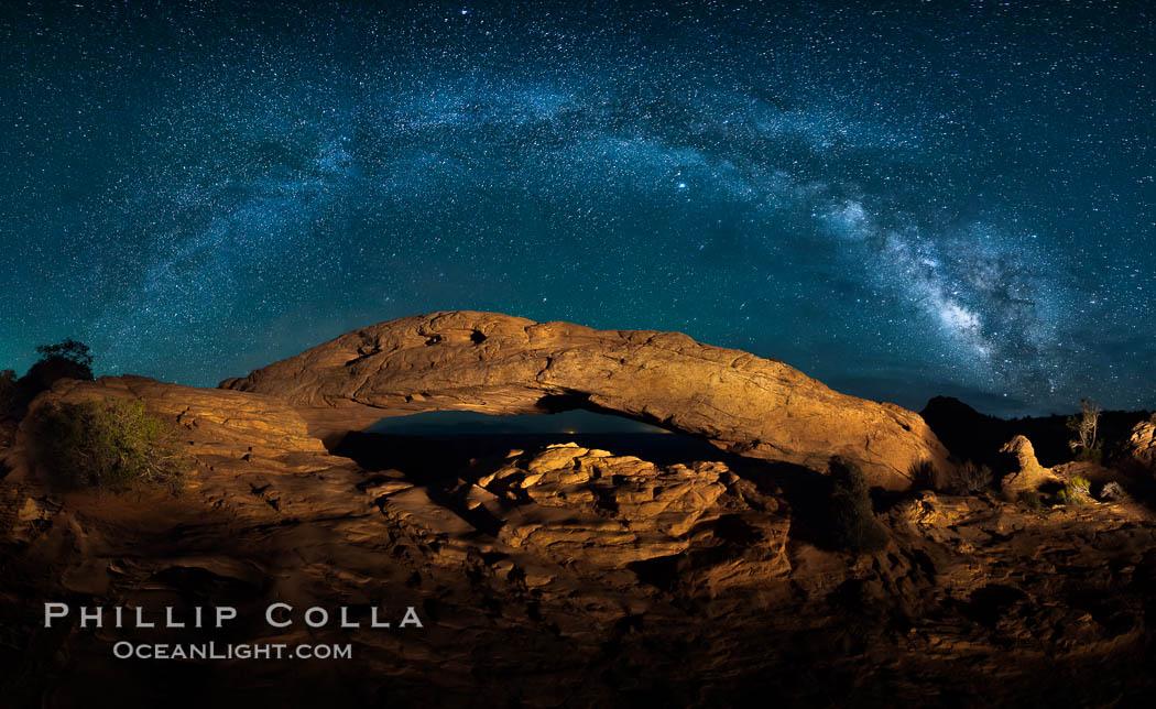 Panorama of the Milky Way over Mesa Arch, Canyonlands National Park, Utah