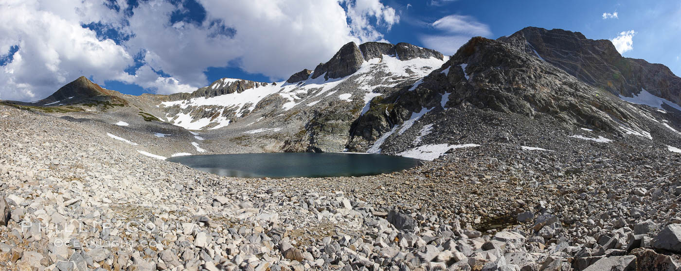 Panorama of Nameless Lake (10709'), surrounded by glacier-sculpted granite peaks of the Cathedral Range, near Vogelsang High Sierra Camp, Yosemite National Park, California