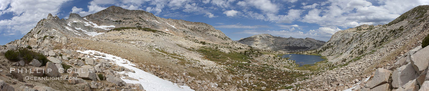 Panorama of Vogelsang basin, surrounding Vogelsang Lake in Yosemite's High Sierra, viewed from near Vogelsang Pass (10685').  Left is Vogelsang Peak (11516'), Choo-choo Ridge is in the distant middle, and the western flank of Fletcher Peak is to the right. Yosemite National Park, California, USA, natural history stock photograph, photo id 23217