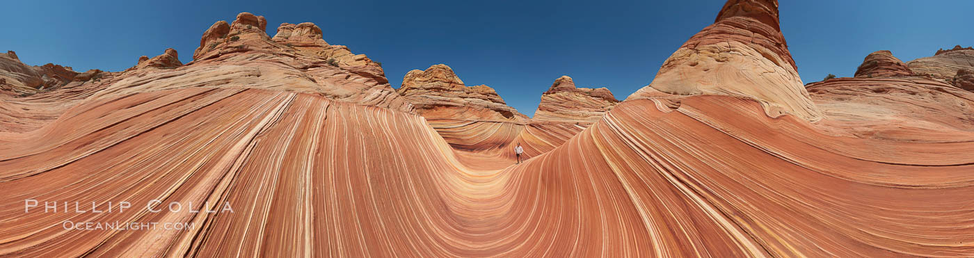 Panorama of the Wave.  The Wave is a sweeping, dramatic display of eroded sandstone, forged by eons of water and wind erosion, laying bare striations formed from compacted sand dunes over millenia.  This panoramic picture is formed from thirteen individual photographs. North Coyote Buttes, Paria Canyon-Vermilion Cliffs Wilderness, Arizona, USA, natural history stock photograph, photo id 20702