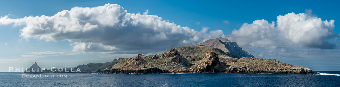 Sunrise at San Clemente Island, south end showing China Hat (Balanced Rock) and Pyramid Head, near Pyramid Cove. Panoramic photo. California, USA, natural history stock photograph, photo id 38506