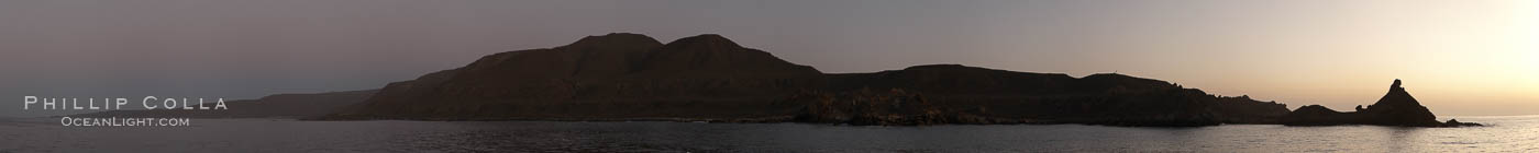Panoramic photo of San Clemente Island, southern end from China Hat Point (aka, Balanced Rock, right) along the length of Pyramid Cove, sunrise. California, USA, natural history stock photograph, photo id 23599