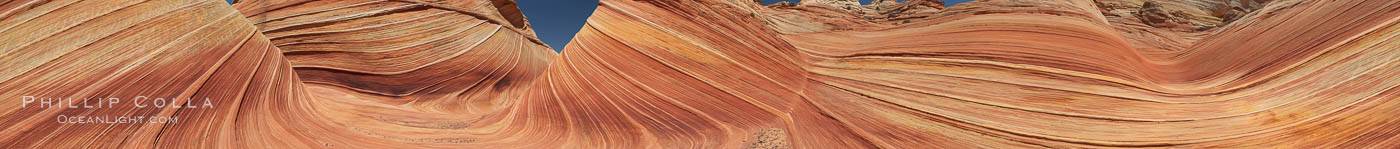 Panorama of the Wave.  The Wave is a sweeping, dramatic display of eroded sandstone, forged by eons of water and wind erosion, laying bare striations formed from compacted sand dunes over millenia.  This panoramic picture is formed from nine individual photographs. North Coyote Buttes, Paria Canyon-Vermilion Cliffs Wilderness, Arizona, USA, natural history stock photograph, photo id 20709