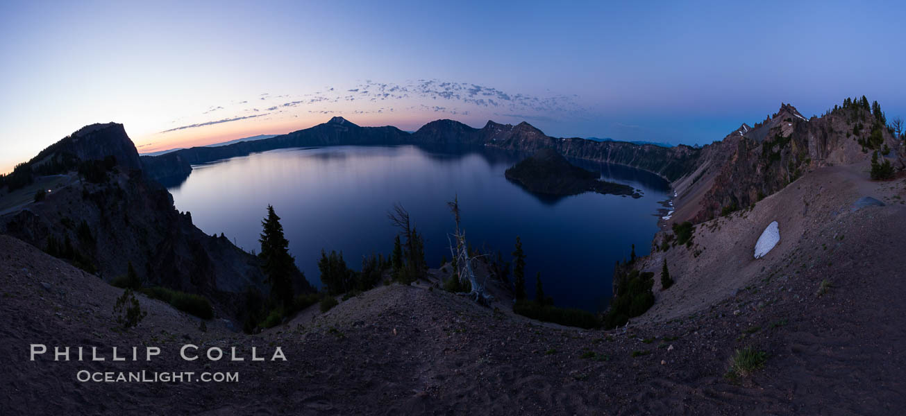Panoramic picture of Crater Lake at dawn, sunrise, morning, panorama of Crater Lake National Park. Oregon, USA, natural history stock photograph, photo id 28658