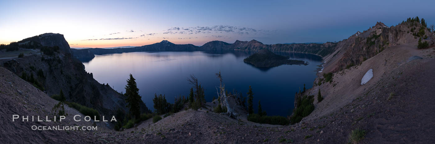 Panoramic picture of Crater Lake at dawn, sunrise, morning, panorama of Crater Lake National Park. Oregon, USA, natural history stock photograph, photo id 28651