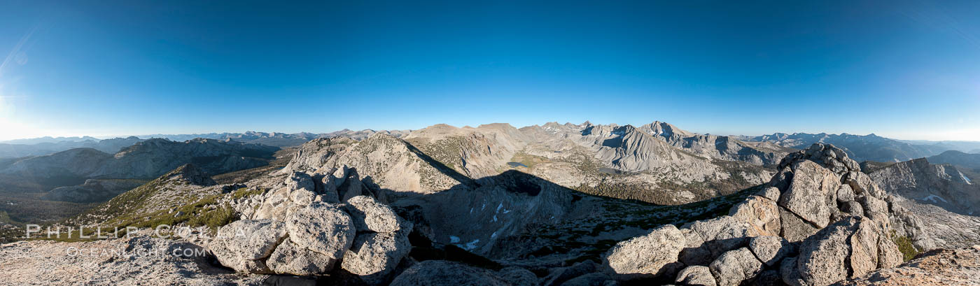 Panoramic view of the Cathedral Range from the summit of Vogelsang Peak (11500'). The shadow of Vogelsang Peak can be seen in the middle of the picture, Yosemite National Park, California