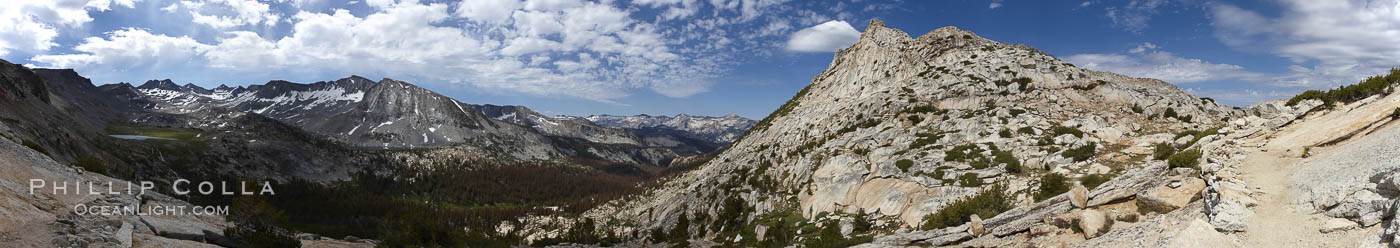 Panoramic view from Vogelsang Pass (10685') in Yosemite's high country, looking south. Visible on the left are Parson's Peak (12147'), Gallison Lake and Bernice Lake in the Cathedral Range, the Clark Range is in the distant middle, while Vogelsang Peak (11516') rises to the right. Yosemite National Park, California, USA, natural history stock photograph, photo id 23222