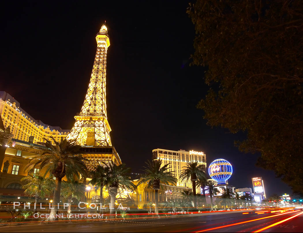 Half-scale replica of the Eiffel Tower rises above Las Vegas Boulevard, the Strip, in front of the Paris Hotel. Nevada, USA, natural history stock photograph, photo id 20581