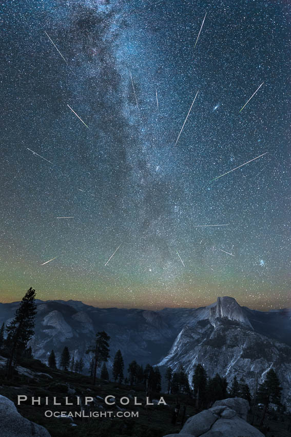 Perseid Meteor Shower and Milky Way, Andromeda Galaxy and the Pleides Cluster, over Half Dome and Yosemite National Park, Glacier Point