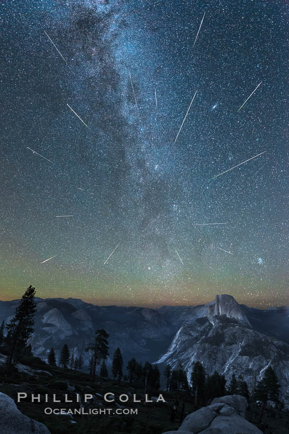 Perseid Meteor Shower and Milky Way, Andromeda Galaxy and the Pleides Cluster, over Half Dome and Yosemite National Park. Glacier Point, California, USA, natural history stock photograph, photo id 28746