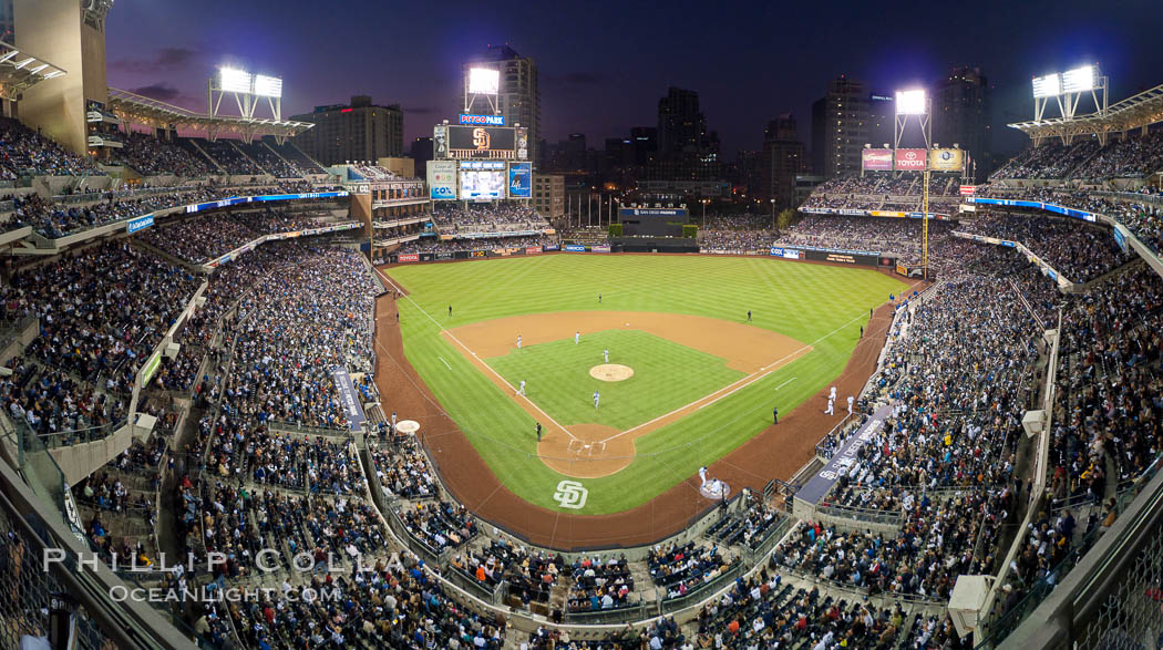 Petco Park, home of the San Diego Padres professional baseball team, overlooking downtown San Diego at dusk