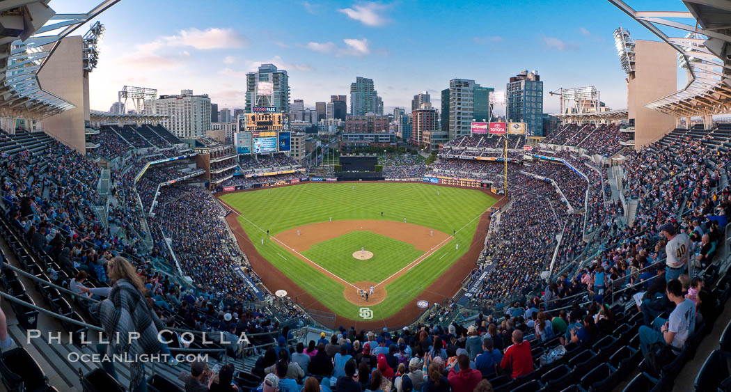 Petco Park, home of the San Diego Padres professional baseball team, overlooking downtown San Diego at dusk