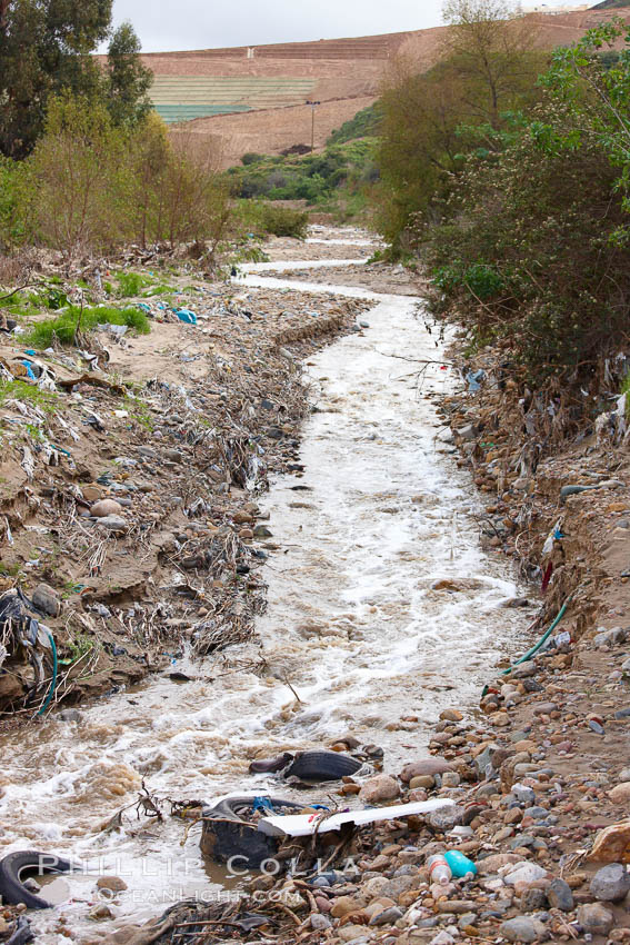 Pollution accumulates in the Tijuana River Valley following winter storms which flush the trash from Tijuana in Mexico across the border into the United States. Imperial Beach, San Diego, California, USA, natural history stock photograph, photo id 22552