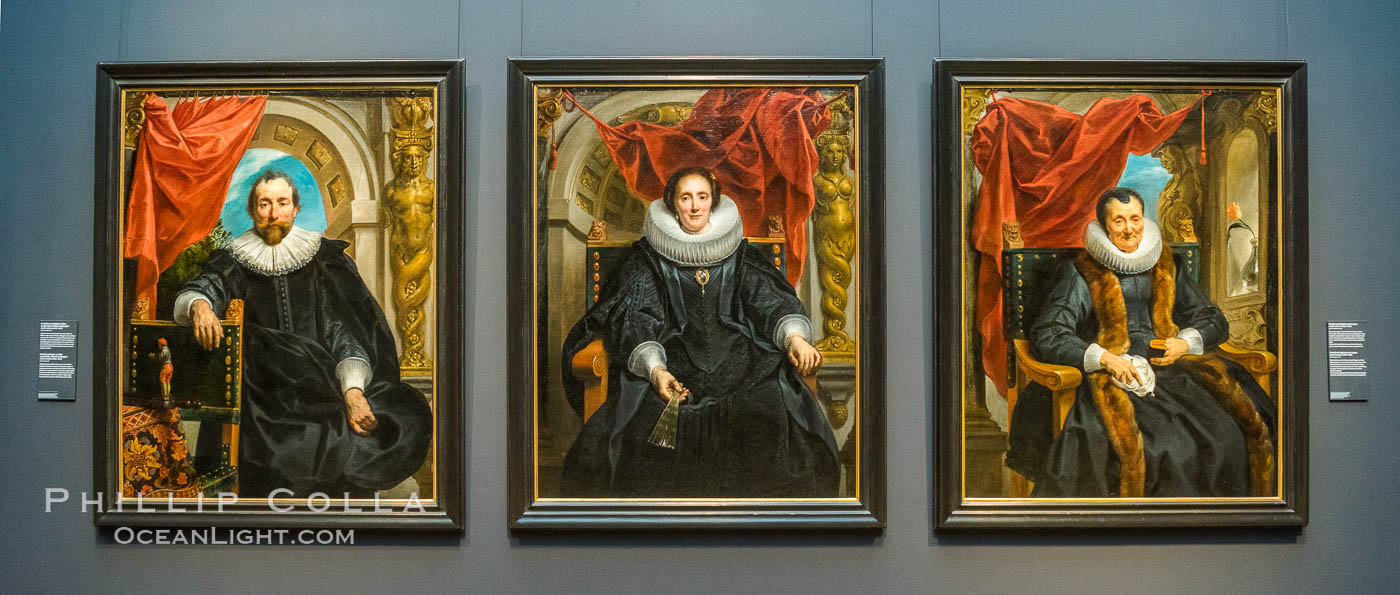 Portraits by Jacob Jordaens, Rijksmuseum. Portrait of Rogier Le Witer, Jacob Jordaens (I), 1635, canvas, h 152cm x w 118.4cm (left). Portrait of Catharina Behaghel, Jacob Jordaens (I), 1635, canvas, h 152cm x w 118cm (center). Portrait of Magdalena de Cuyper, Jacob Jordaens (I), c. 1635 - c. 1636, oil paint, h 152cm x w 118cm (right). Amsterdam, Holland, Netherlands, natural history stock photograph, photo id 29465