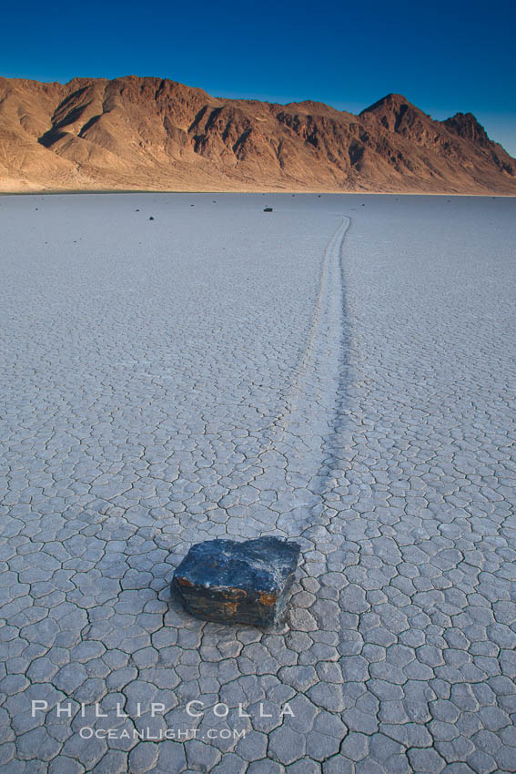 Sailing stone on the Death Valley Racetrack playa.  The sliding rocks, or sailing stones, move across the mud flats of the Racetrack Playa, leaving trails behind in the mud.  The explanation for their movement is not known with certainty, but many believe wind pushes the rocks over wet and perhaps icy mud in winter. Death Valley National Park, California, USA, natural history stock photograph, photo id 25327