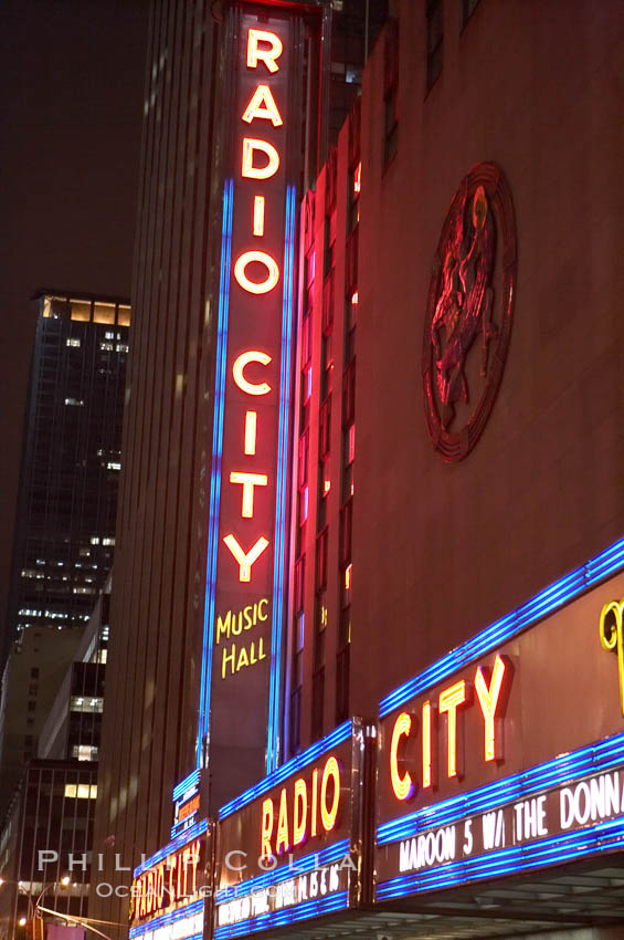 Radio City Music Hall, neon lights, night. New York City, USA, natural history stock photograph, photo id 11174