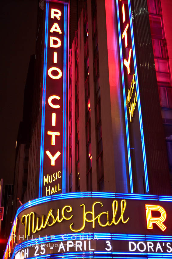 Radio City Music Hall, neon lights, night. New York City, USA, natural history stock photograph, photo id 11177