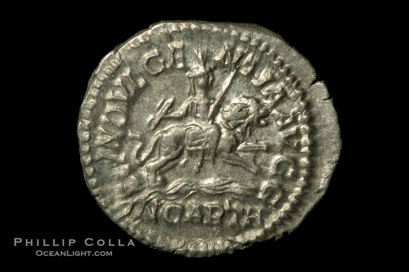 Roman emperor Caracalla (198-217 A.D.), depicted on ancient Roman coin (silver, denom/type: Denarius)., natural history stock photograph, photo id 06577
