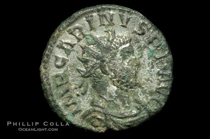 Roman emperor Carinus (283-284 A.D.), depicted on ancient Roman coin (bronze, denom/type: Antoninianus) (Antoninianus VF/aVF; Sear 3474, VanMeter 20.2, Vagi 2492. Reverse: VICTORIA AVGG)., natural history stock photograph, photo id 06827
