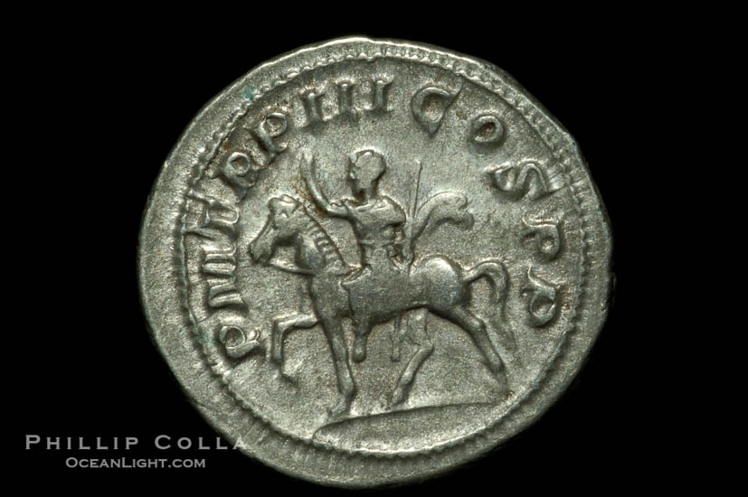 Roman emperor Gordian III (238-244 A.D.), depicted on ancient Roman coin (silver, denom/type: Antoninianus) (Ar. , Denarius 3.18g. RIC p. 24. Rare Coins of Third Issue, Pl. 2, 4.)., natural history stock photograph, photo id 06595