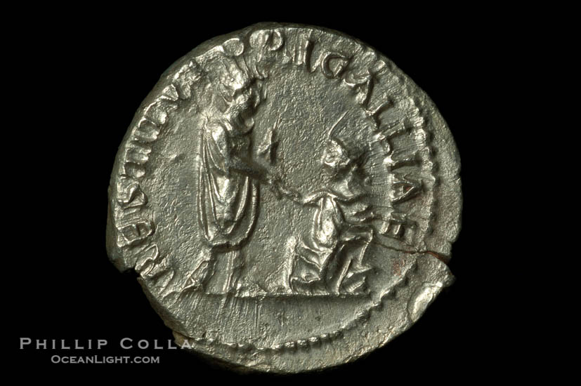 Roman emperor Hadrian (117-138 A.D.), depicted on ancient Roman coin (silver, denom/type: Denarius) (Denarius, BMC 877, RSC 1247c, RIC 324, ST 320. Obverse: HADRIANVS AVG COS III P P. Reverse: RESTITVTORI GALLIAE.)., natural history stock photograph, photo id 06551