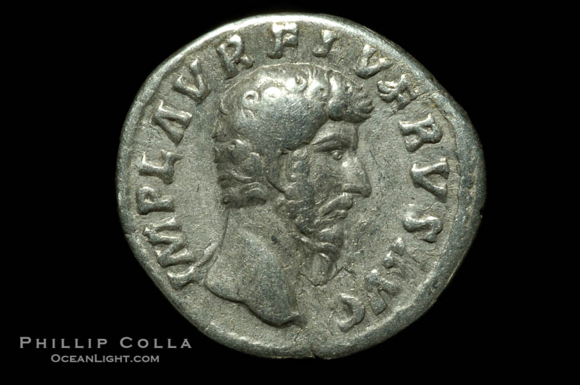 Roman emperor Lucius Verus (161-169 A.D.), depicted on ancient Roman coin (silver, denom/type: Denarius) (Denarius, 3.2 g. Obverse: IMP L AVEREL VERVS AVG. Reverse: PROV DEOR TR P COS II)., natural history stock photograph, photo id 06566