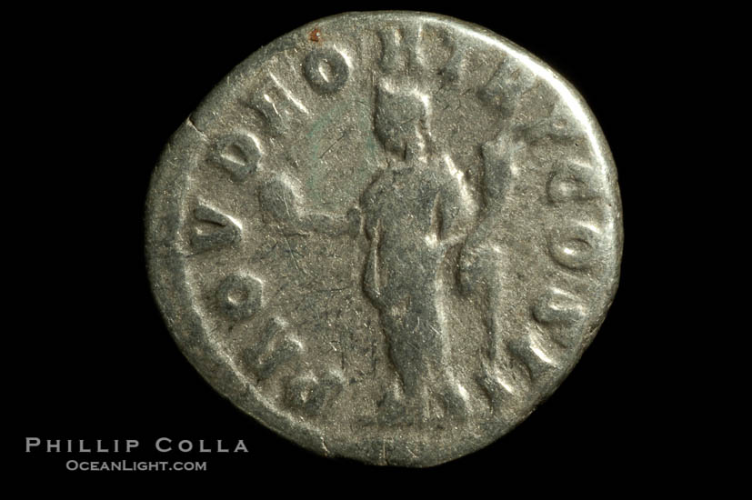Roman emperor Lucius Verus (161-169 A.D.), depicted on ancient Roman coin (silver, denom/type: Denarius) (Denarius, 3.2 g. Obverse: IMP L AVEREL VERVS AVG. Reverse: PROV DEOR TR P COS II)., natural history stock photograph, photo id 06567