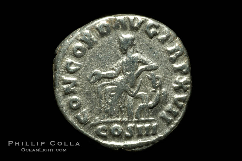 Roman emperor Marcus Aurelius (161-180 A.D.), depicted on ancient Roman coin (silver, denom/type: Denarius) (Denarius, VF, 3.2 g.. Obverse: IMP M ANTONINVS AVG. Reverse: CONCORD AVG IMP XVII, COX III exergue.)., natural history stock photograph, photo id 06561