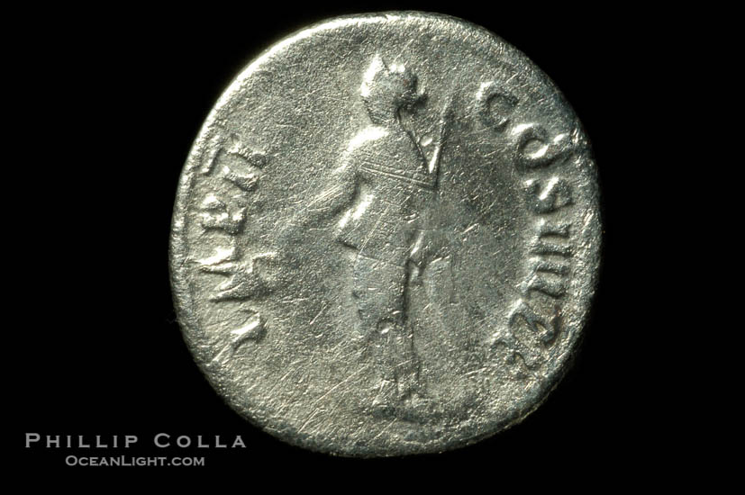 Roman emperor Nerva (96-98 A.D.), depicted on ancient Roman coin (silver, denom/type: Denarius) (Denarius, VF/F. Obverse: IMP NERVA CAES AVG GERM P M TR P II. Reverse: IMP II COS IIII P P, Fortuna stg. Left.)., natural history stock photograph, photo id 06547