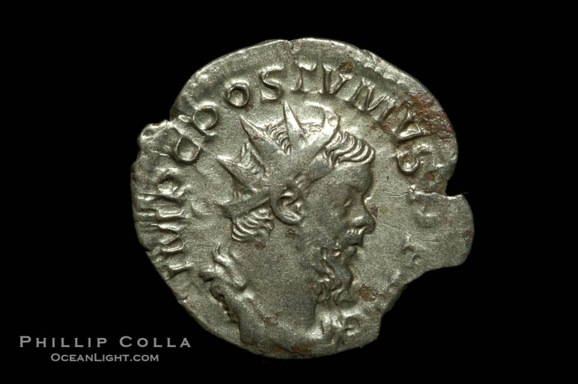 Roman emperor Postumus (259-267 A.D.), depicted on ancient Roman coin (billion, denom/type: Antoninianus)., natural history stock photograph, photo id 06618