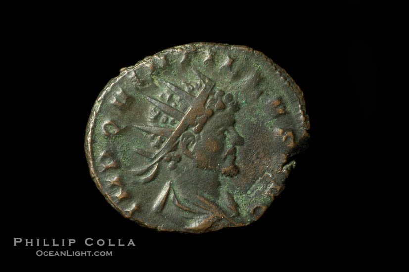 Roman emperor Quintillus (270 A.D.), depicted on ancient Roman coin (bronze, denom/type: Antoninianus)., natural history stock photograph, photo id 06629