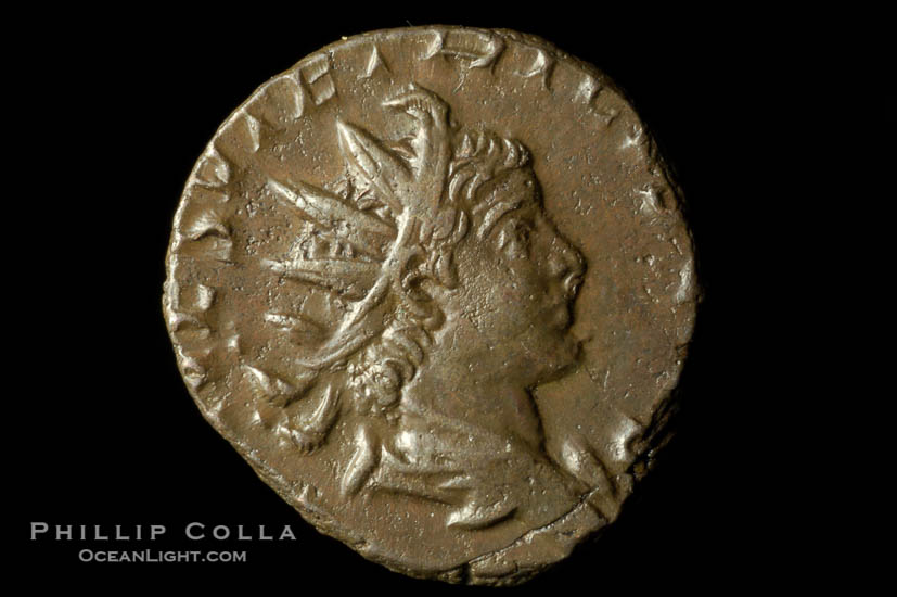 Roman emperor Tetricus II (273-274 A.D.), depicted on ancient Roman coin (bronze, denom/type: Antoninianus)., natural history stock photograph, photo id 06634